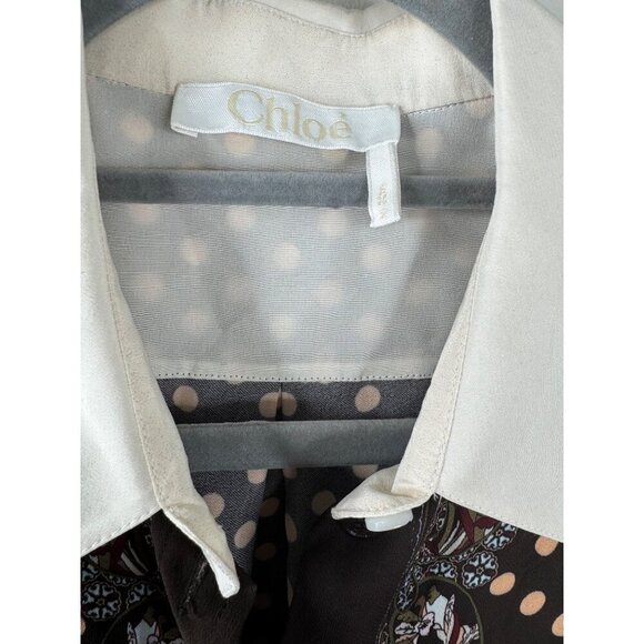 CHLOÉ Brown Polka-dot Printed Button Down Blouse In Multi Size S 36 Silk Accents - Picture 7 of 9